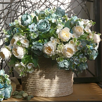 32cm Elegantiškas Šilko Mėlyni Bijūnai Dirbtinių Gėlių Puokštė Namų Reikmenys Aliejaus Tapybai Išaugo Padirbtų Gėlių Šalies Vestuvių Rudenį Dekoras