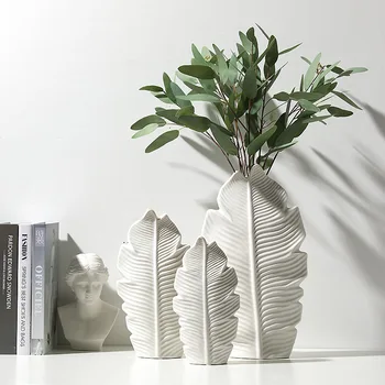 Baltos Keramikos Lapų Formos Vaza Šiaurės Apdaila Namo Gėlių Kompozicijų Augalų Vaza Vestuvių Svetainės Modernus Stalo Vaza