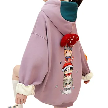 Girly Stilius Hoodie Japonijos Saldus Atsitiktinis Marškinėlius Harajuku Spausdinti Gražus Mielas Trys Kačių Puloveris Violetinė Mergaitė Žiemos Paltai