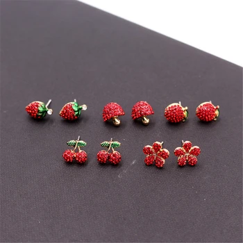 Naujas saldus braškių, vyšnių, obuolių, vaisių auskarai mados raudonos gėlės auskarai moterų subtilūs auskarai, Juvelyriniai dirbiniai didmeninė
