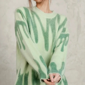 Rudenį Megzti Megztinis Moterims, Elegantiškas Dryžuotas Spausdinti Negabaritinių Puloveriai Moterų Žiemos Palaidi Ilgi Megztiniai Streetwear Mujer